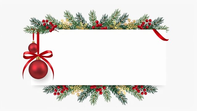 Christmas frame with pine branches, red berries, and baubles