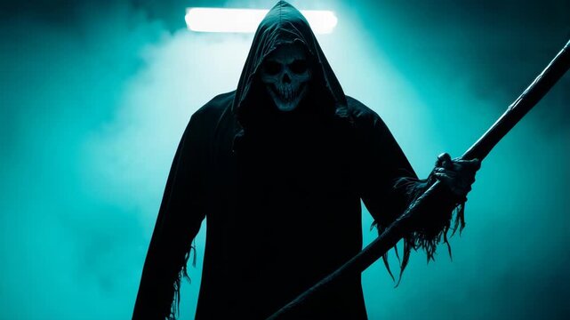 Mysterious character wearing black with glowing lights in the background
