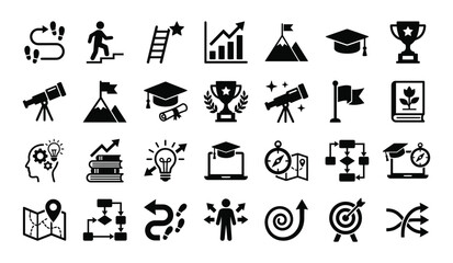 Fototapeta premium Black icons for education achievement and growth isolated on transparent background