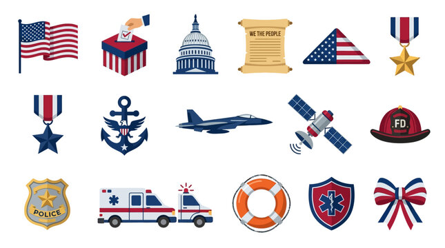 Various emergency and military symbols icons on white background