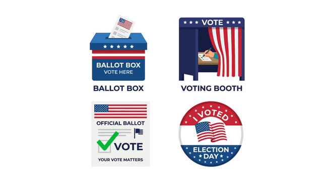 A collection of American election stickers and icons on a table.