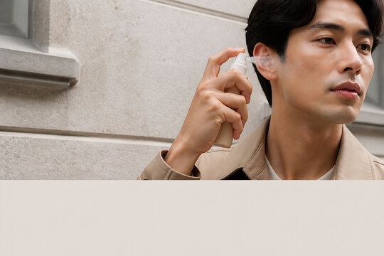 A young man in a light-colored jacket is applying something to his earlobe outdoors against a stone wall.