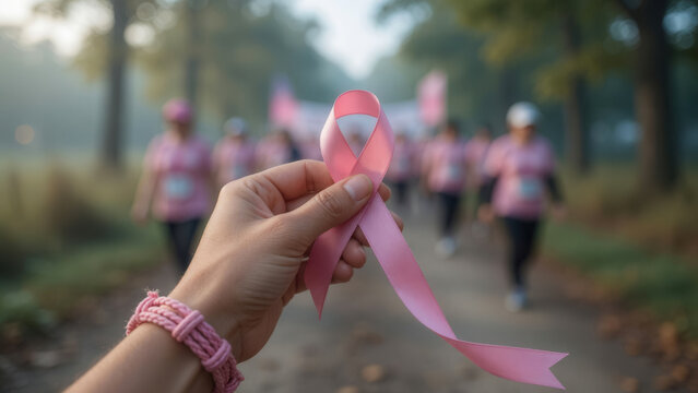 Hand holding pink ribbon during Breast Cancer Awareness Month charity event with blurred crowd, support and solidarity