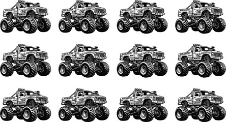 Monster Truck Pattern Vector Set Featuring Monochrome Offroad Vehicles with Big Tires and Detailed Shading for Apparel Printing and Graphic Designs © Sohel