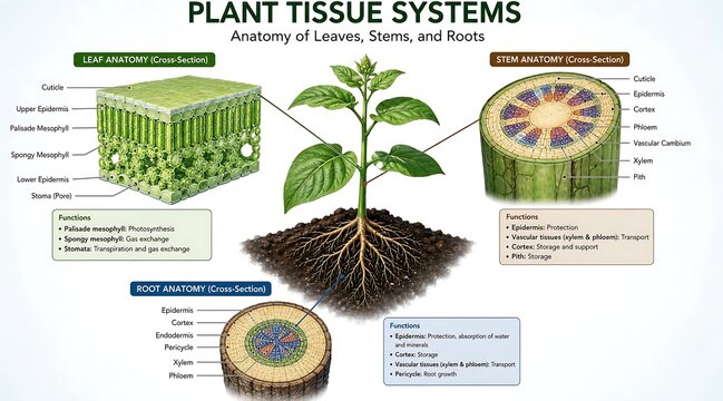 Diagram of plant tissue systems showing root stem leaf structures