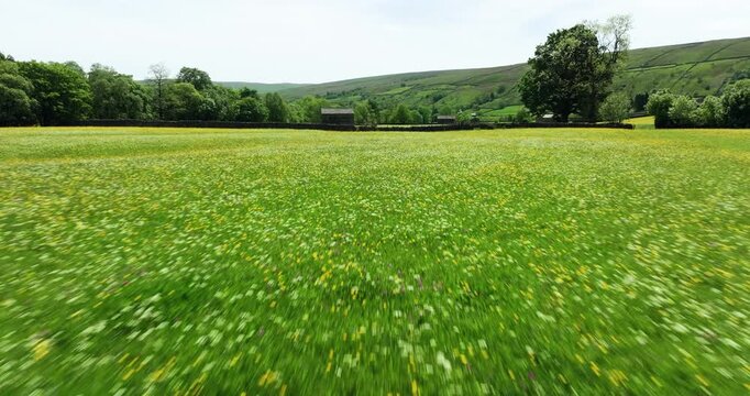 Flying above wildflower meadows in Yorkshire Dales