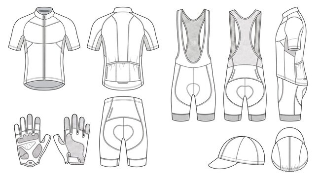 Technical flat sketch template of cycling apparel kit including jersey bib shorts gloves and cap