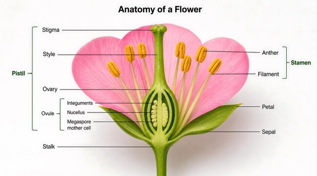 Anatomy of a flower with labeled parts and structure, reproductive
