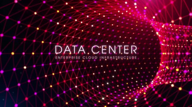 Seamless looping futuristic wireframe tunnel animation with cinematic camera movement and Data Center Enterprise Cloud Infrastructure title reveal, suitable for intros, presentations, and media.