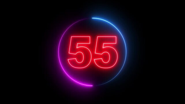 Neon Circle countdown timer animation from 60 to 0 second animation on black background with alpha channel, 60 seconds countdown timer. Neon bright glowing countdown timeR 60 seconds