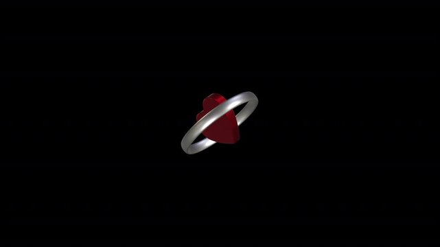 Rotating red 3D heart love symbol inside silver circular ring border animation on alpha channel loop.