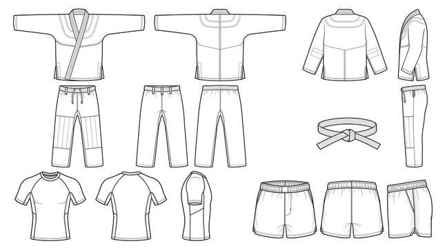 Technical Fashion Design Flat Sketches of Martial Arts Uniforms and Athletic Training Sportswear Apparel