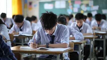 Fototapeta premium Focused Student Taking Exam in Classroom with Peers Concentrating