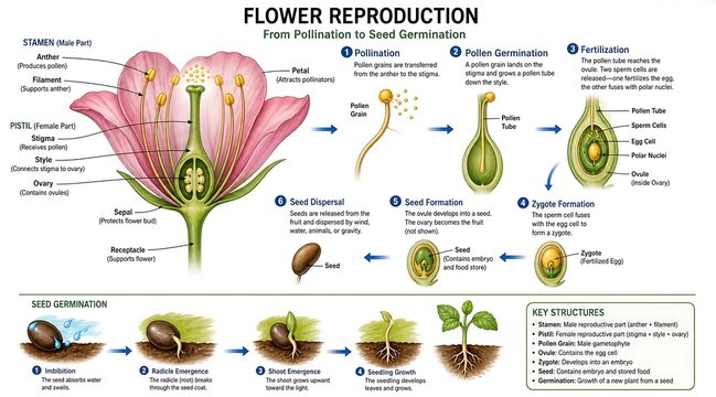 Flower reproduction stages with labeled diagram and detailed explanation