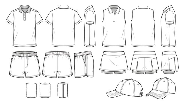 Comprehensive technical fashion design template collection featuring polo shirts shorts skirts and baseball caps in a vector flat line style