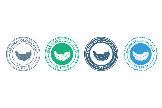 Set of dermatologically tested badges with feather icon representing gentle and safe products for skin care isolated on white