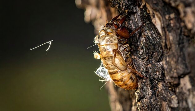 Newly Molted Cicada Exoskeleton Clinging to Tree Bark After Emerging From Subterranean Slumber