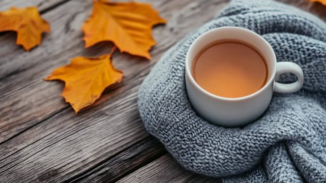 Warm cup of tea with fall leaves on a rustic wooden surface.
