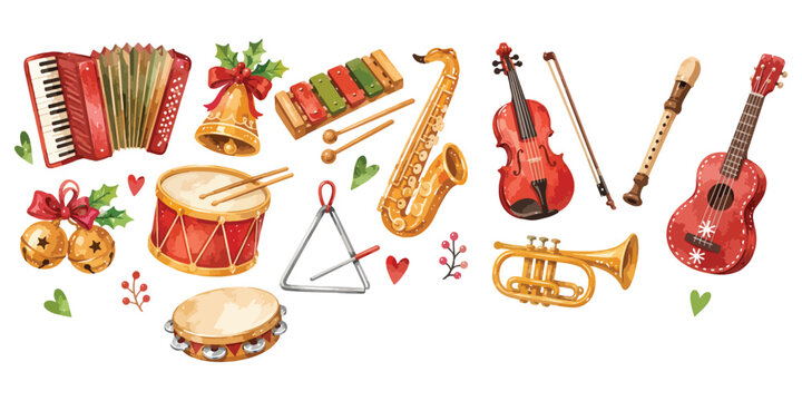 Watercolor musical instruments and festive Christmas bells collection
