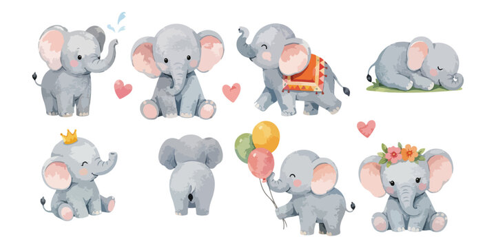 Cute watercolor baby elephant characters collection isolated