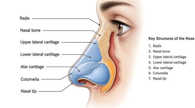 Anatomical diagram of the human nose with labeled parts cartilage education