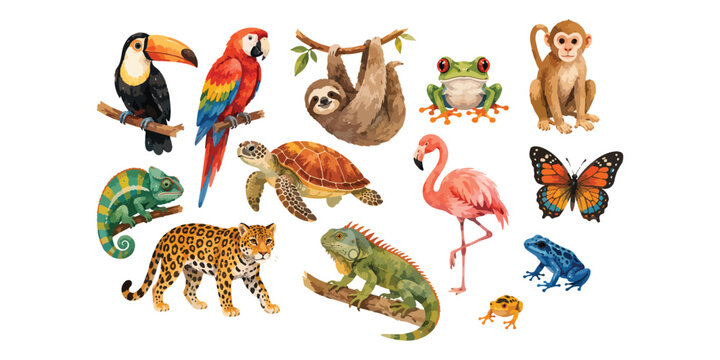Watercolor tropical jungle animals and birds collection