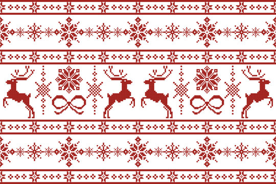 Red pixel Seamless Pattern on White Background with  Reindeer, Christmas Trees and Snowflakes.