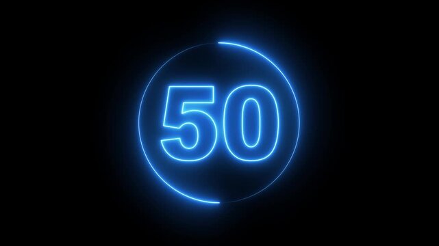 Neon Circle countdown timer animation from 55 to 0 second animation on black background with alpha channel, 55 seconds countdown timer. Neon bright glowing countdown timer 55 seconds