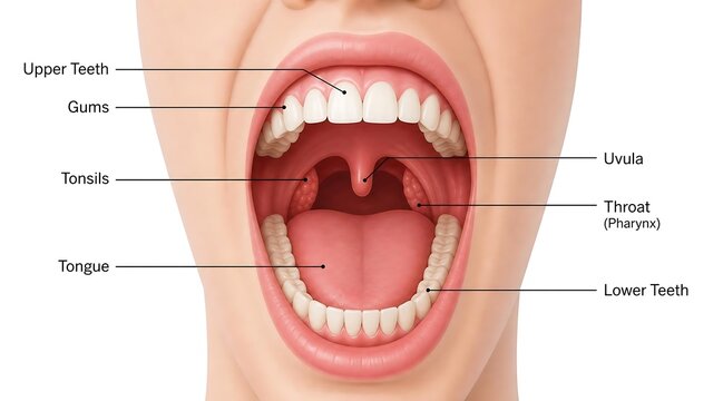 Anatomical diagram of the human mouth with labeled parts education structure