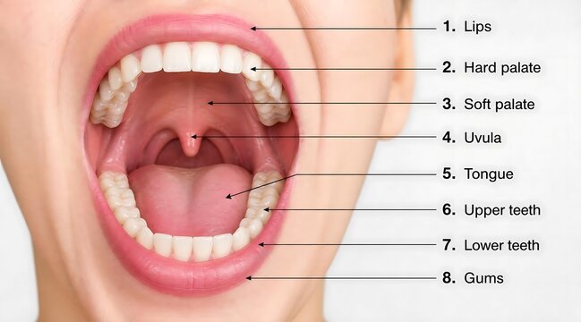 Labeled diagram of the human mouth showing various internal parts with structure