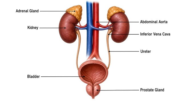 Human urinary system diagram with kidneys ureters bladder urethra, electrolytes