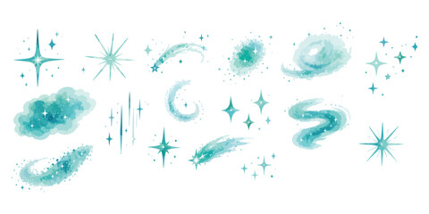 Watercolor magical teal stars and cosmic galaxy elements collection © dian's