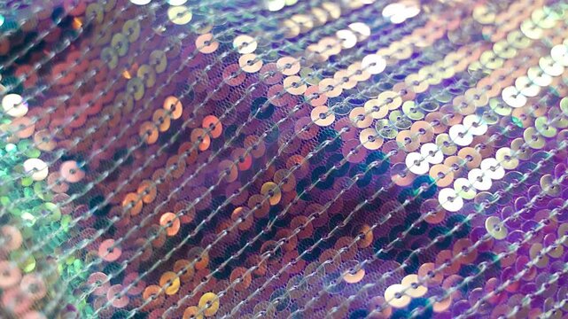 Shimmering iridescent sequin fabric sparkling in soft light with gentle movement. Glamorous abstract background and luxury celebration concept.