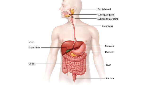Human digestive system diagram with labeled organs digestive intestines