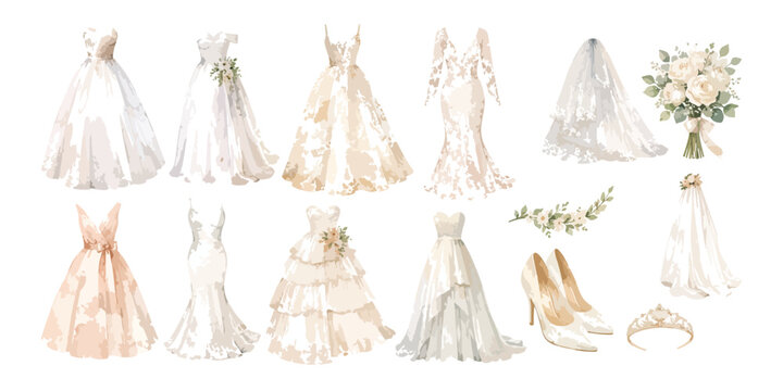 Watercolor elegant wedding dress bridal gown and accessories bouquet set