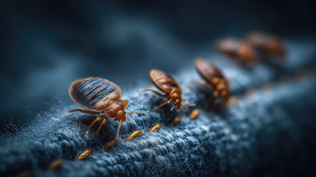 Close-Up of Bed Bugs Crawling on Fabric in Dark Environment