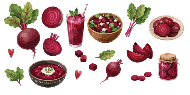 Watercolor healthy beetroot vegetables soup and juice illustration set