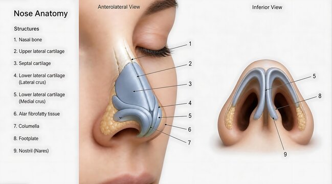 Anatomical diagram of human nose and sinuses with labeled parts and functions