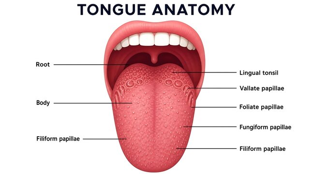 Illustrated tongue anatomy with labeled sections and descriptions, illustrated