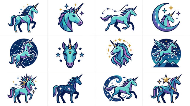Vector set of magical celestial unicorn icons and logos with stars