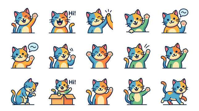 Set of Cute Cartoon Cat Stickers and Emoji Icons with Various Greeting Poses and Expressions