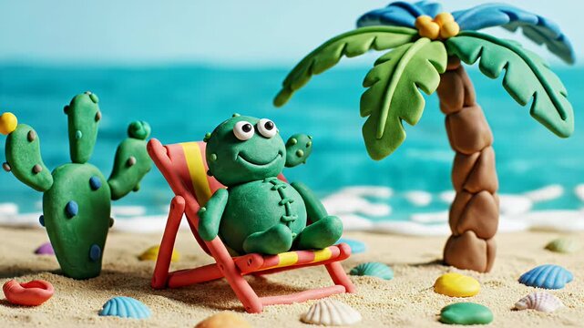 Cute Clay Frog Relaxing on a Beach Chair with Palm Tree and Cactus Miniature Scene