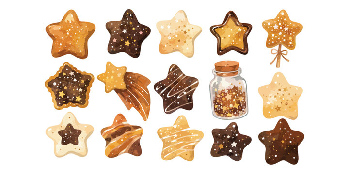 Watercolor cute star shaped gingerbread cookies and baking jar illustration set