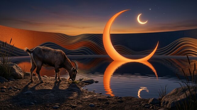 Goat by Reflective Crescent Moon on a Calm Lake at Surreal Twilight Landscape