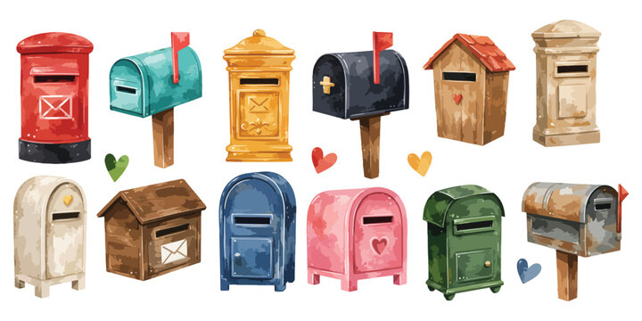 Watercolor vintage colorful mailboxes set with cute postbox illustration