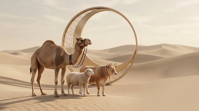 Camel, Sheep and Cow Standing in Desert With Ornate Gold Crescent Sculpture at Sunset