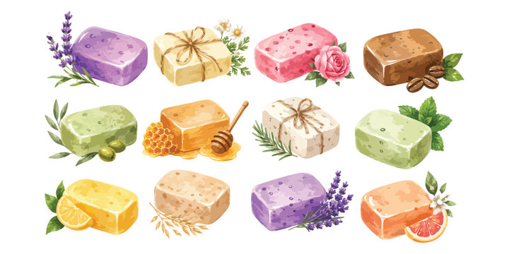 Watercolor organic handmade soap bar set with natural herbal ingredients