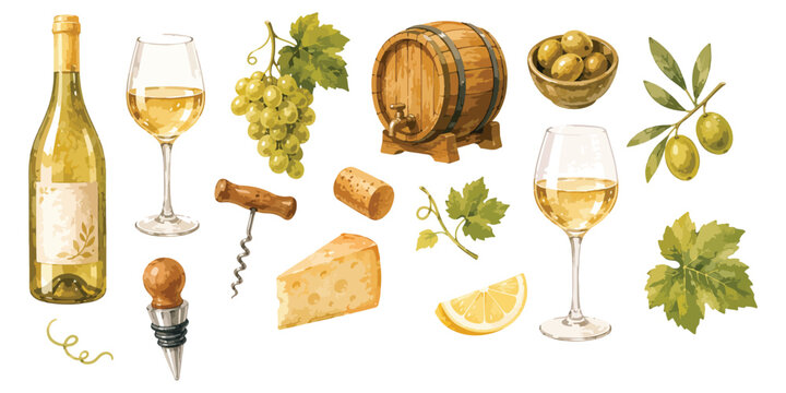 Watercolor white wine set with bottle glass grapes cheese and olives