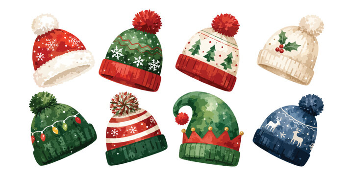 Watercolor winter beanie hat set with knitted christmas wool caps