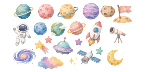 Watercolor outer space collection with astronaut planets rocket and ufo © dian's